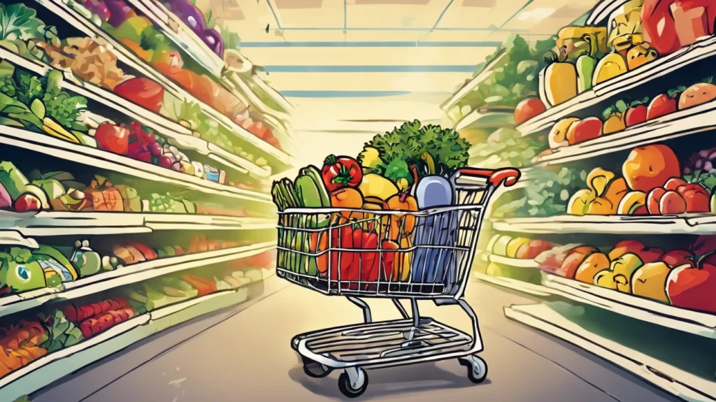 A cartoon shopping cart in a grocery aisle filled with fruits and vegetables, symbolizing healthy food choices for liver health and reducing liver cancer risks.