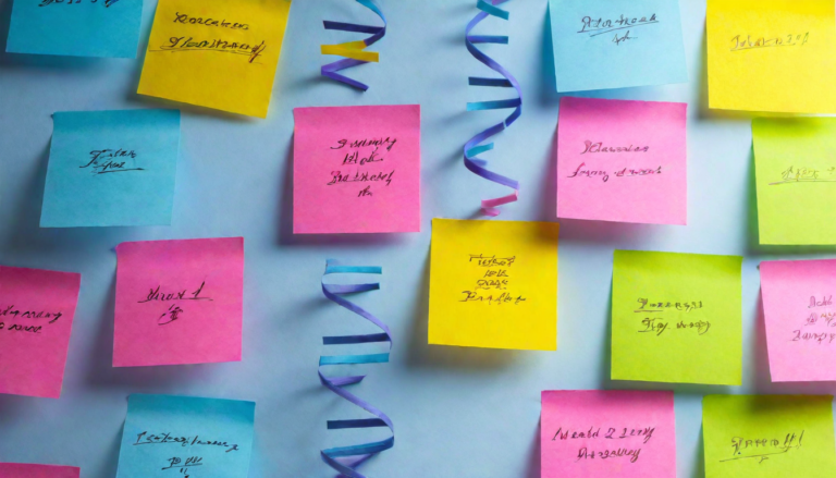 Sticky notes alongside a DNA ribbon, symbolizing the influence of epigenetics on liver cancer through diet and lifestyle.