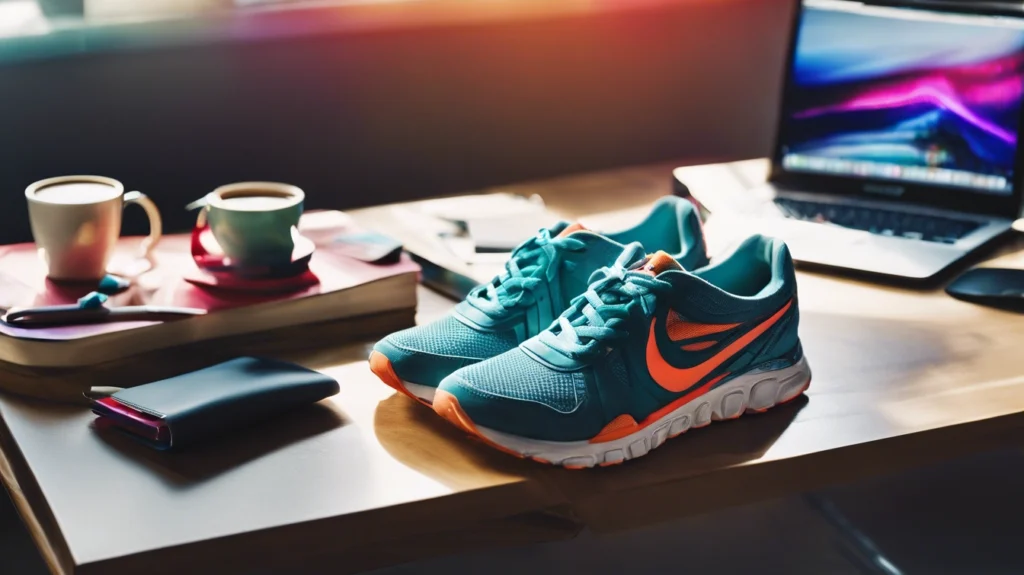 A pair of running shoes sitting on a desk, symbolizing the connection between physical activity and reducing prostate cancer risk by promoting a more active lifestyle.