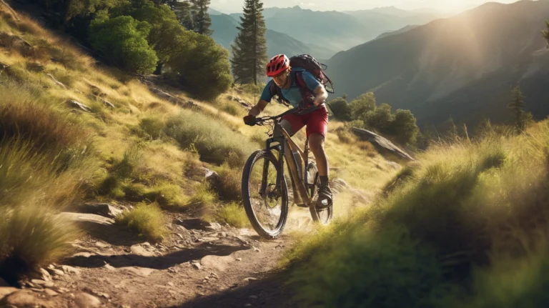 A mountain biker going down a winding singletrack trail, kicking up dirt, representing the active lifestyle benefits in managing Type 2 Diabetes and reducing liver cancer risk.