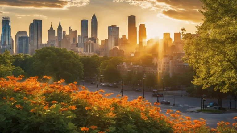 City landscape with vibrant flowers in the foreground and a beautiful sunset, symbolizing the positive impact of sunlight and Vitamin D on liver health and cancer prevention.