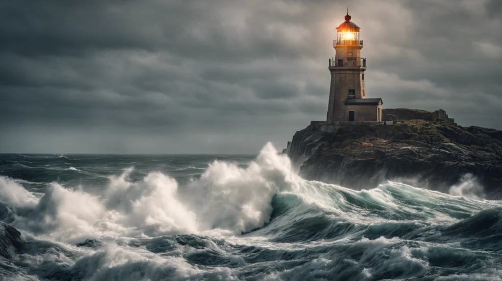 Lighthouse in rough seas symbolizing resilience and guidance for liver cancer patients through gut health