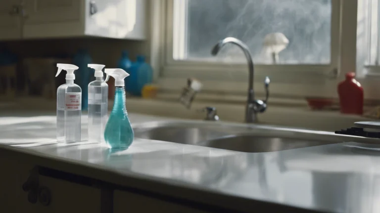 Plastic spray bottles sitting on a kitchen counter, symbolizing the hidden dangers of everyday pollutants on liver health and the increased risk of liver cancer.