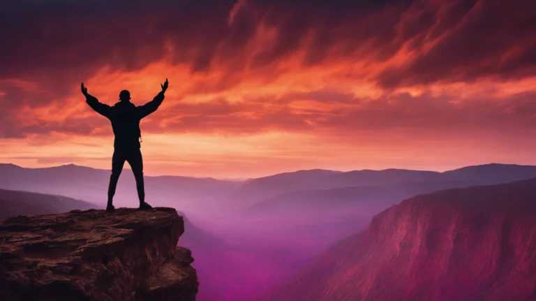 Silhouette of a man with hands raised, standing on a cliff overlooking a colorful red sky and valley, symbolizing hope and strength for liver cancer patients