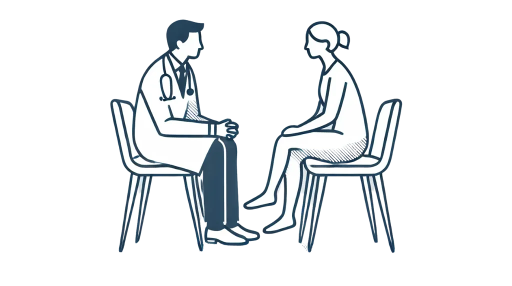 A minimalist illustration of a doctor discussing liver cancer with a patient, symbolizing care and awareness