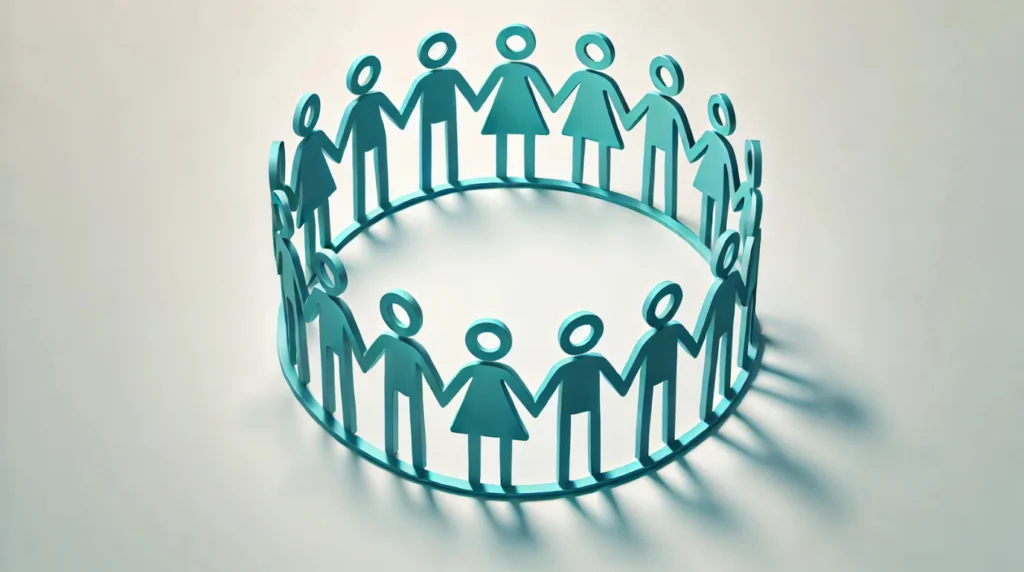 A minimalist illustration of a group holding hands in a circle, symbolizing unity and support for liver cancer awareness