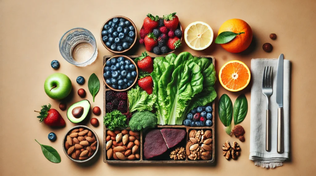 A tray of healthy foods including nuts and fruits, promoting liver health and cancer prevention