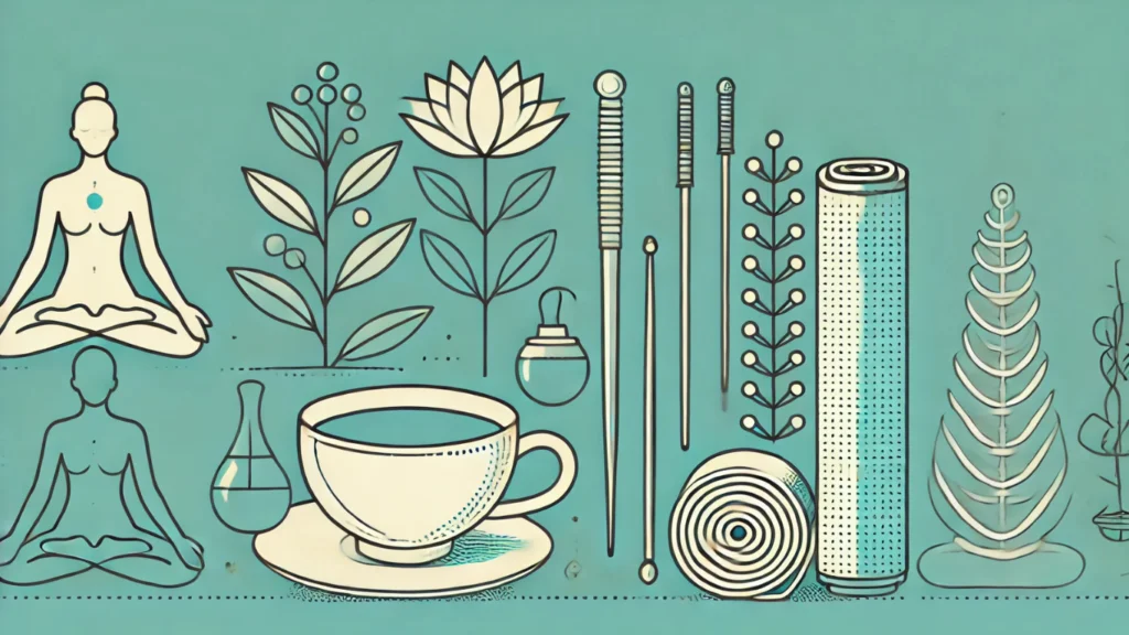 A minimalist illustration featuring items symbolizing healing: acupuncture needles, a cup of tea, flowers, and a yoga stance