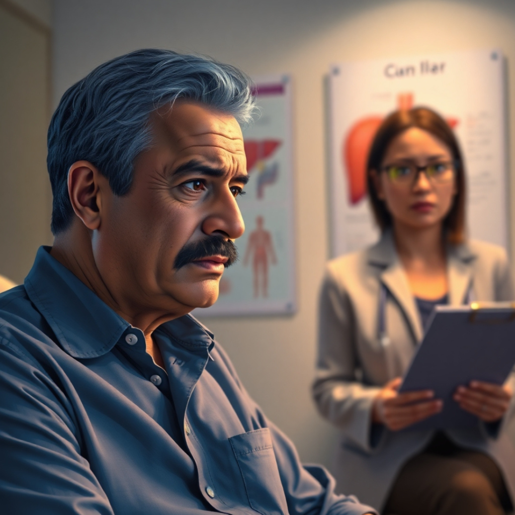 Miguel, a 60-year-old Latino man, sits in a doctor’s office, listening seriously as a doctor explains his stage 4 liver cancer diagnosis.