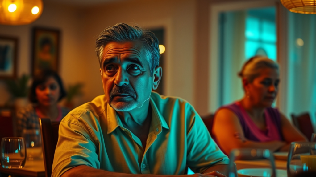 Miguel, a 60-year-old Latino man, sits at a family dinner table, rubbing his right side with discomfort while his wife looks at him with concern.