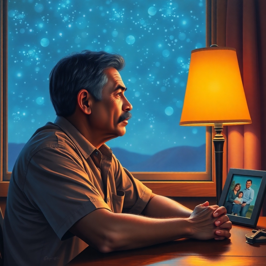 Miguel sits at a kitchen table at night, a warm coffee cup beside him, looking out the window deep in thought about his next steps.