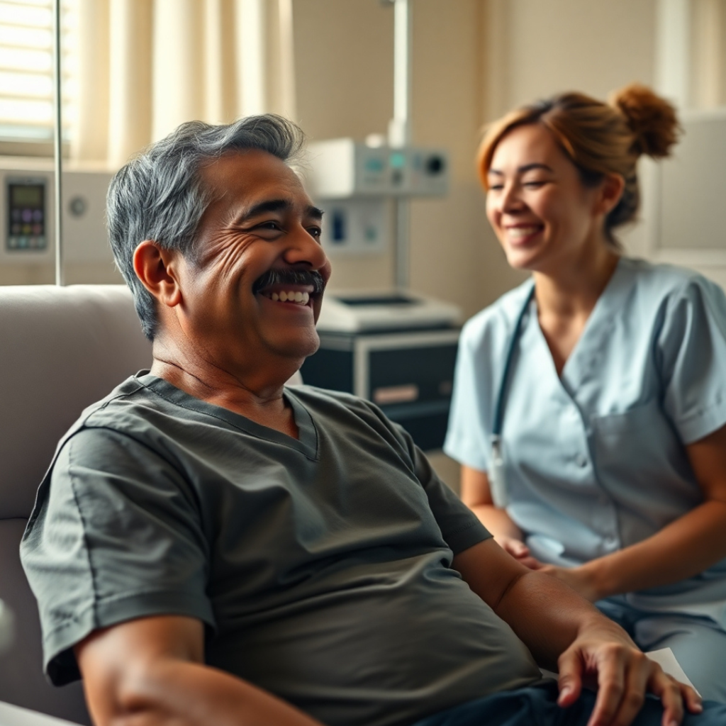 Miguel, receiving an IV infusion in a treatment center, shares a lighthearted moment with a nurse, smiling despite the challenges.