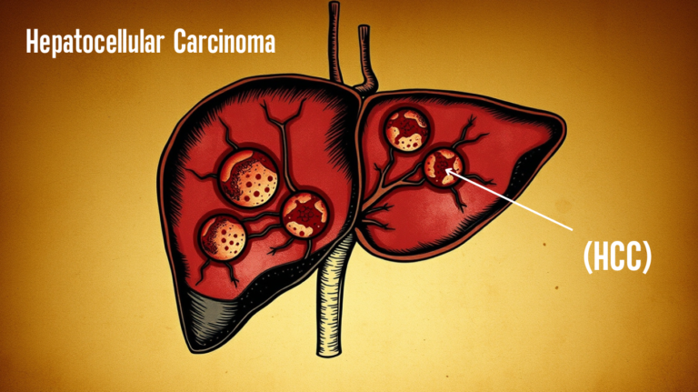 A textbook-style medical illustration of the liver highlighting hepatocellular carcinoma (HCC) tumors in various stages.