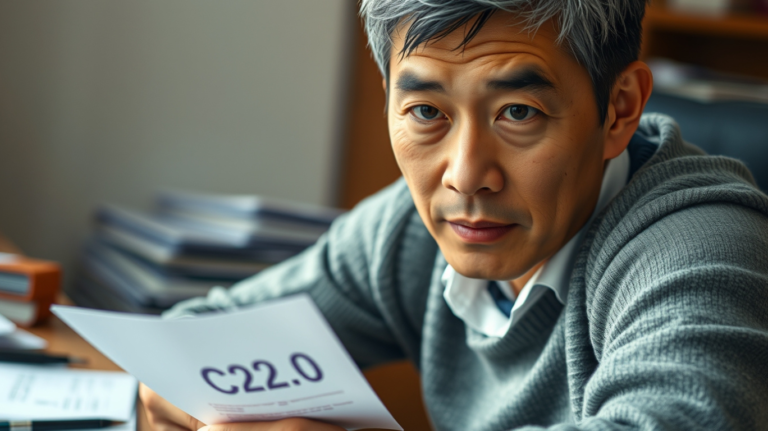 Asian-American man looking puzzled at a medical report with liver cancer ICD 10 code C22.0 highlighted.
