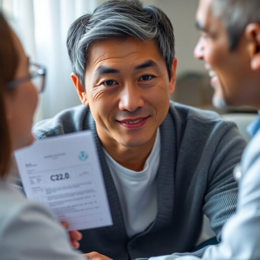 Asian-American man discussing liver cancer ICD 10 code C22.0 with a doctor in a clinic