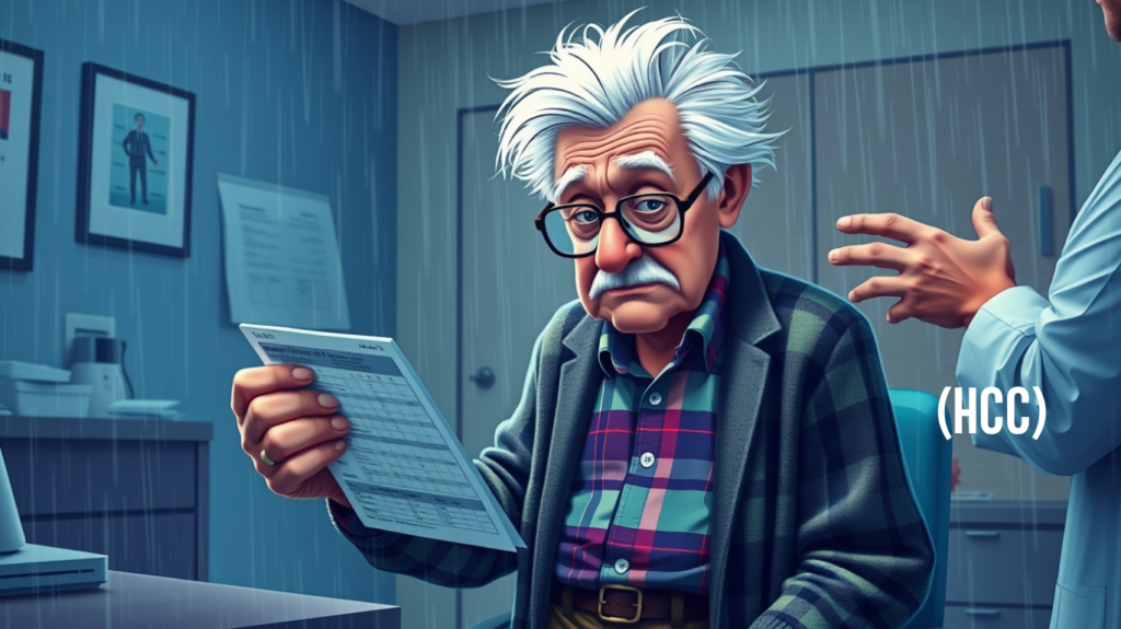 Frank Liverstein, an elderly, expressive man, sits in a doctor’s office looking at test results with a sarcastic expression.