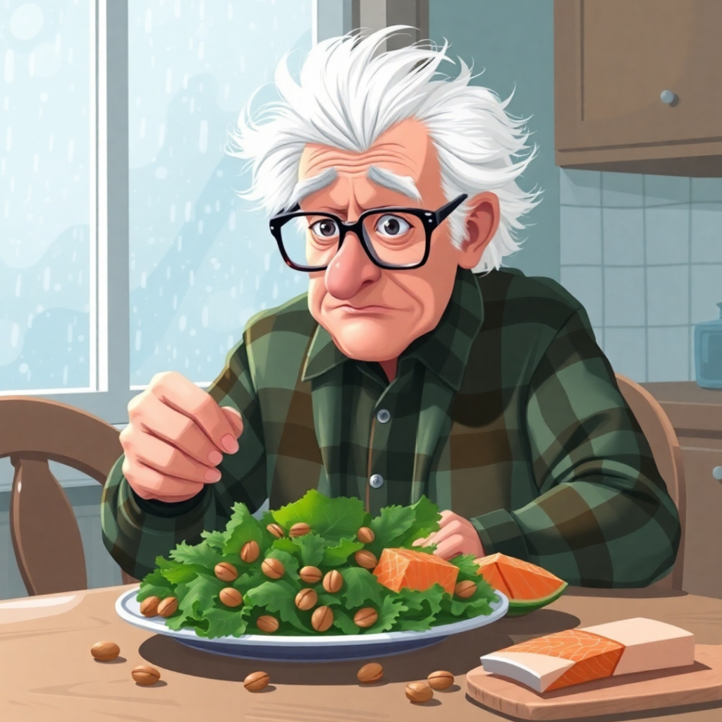 Frank Liverstein stares at a plate of liver-friendly food, unimpressed by the lack of steak.