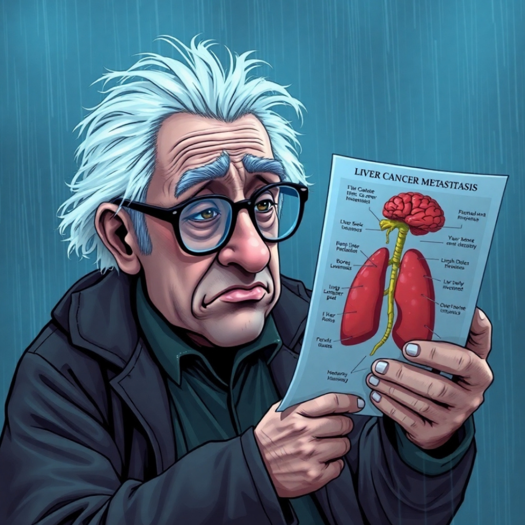 Frank Liverstein squints at a medical diagram showing how liver cancer mets spreads to the lungs, bones, lymph nodes, and brain.