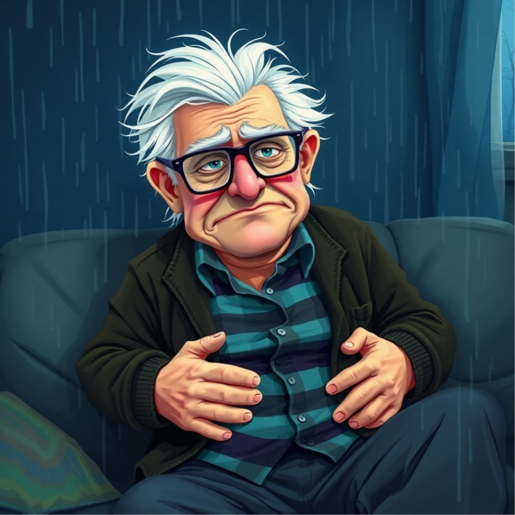 Frank Liverstein clutches his side in discomfort while sitting on a couch, looking frustrated and tired.