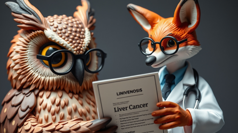 Ollie the Owl receiving his liver cancer diagnosis from Dr. Felix the Fox in a doctor's office, looking concerned yet thoughtful.