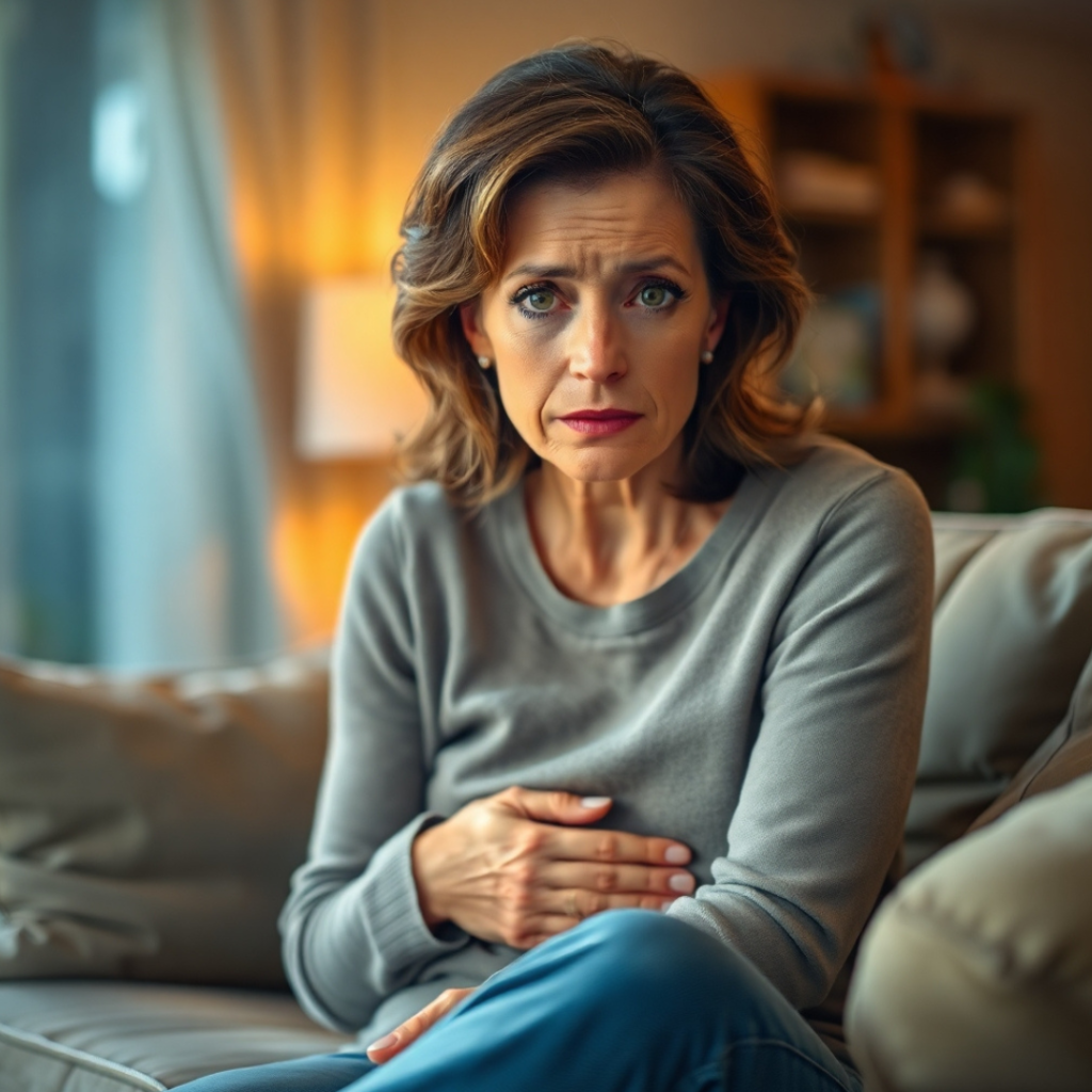 A woman sitting in her living room, experiencing nausea and digestive discomfort, common liver cancer symptoms.