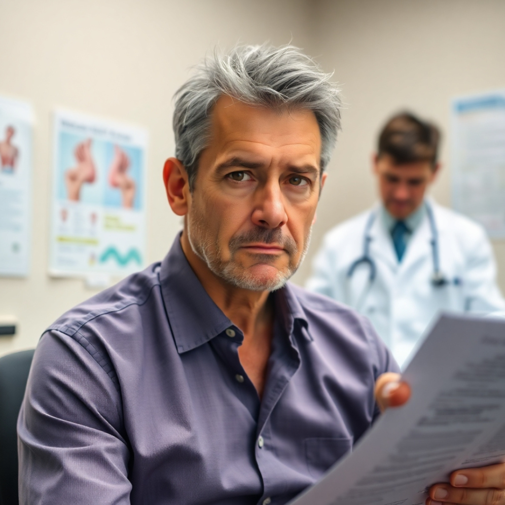 A middle-aged man discusses liver cancer symptoms with a doctor, looking at medical documents.