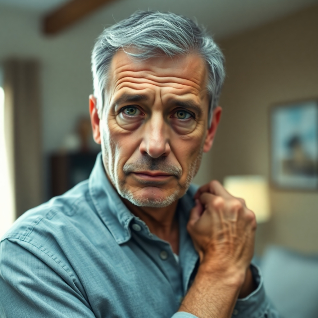 A middle-aged man holds his right side in mild discomfort, an early symptom of liver cancer.