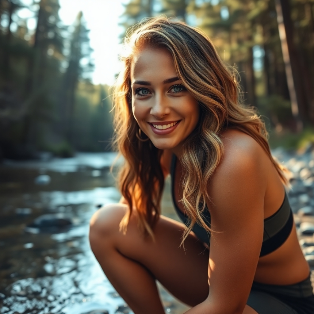 Cleo the Cleansing Guru kneeling by a clear mountain stream, discussing hydration and detox for liver health