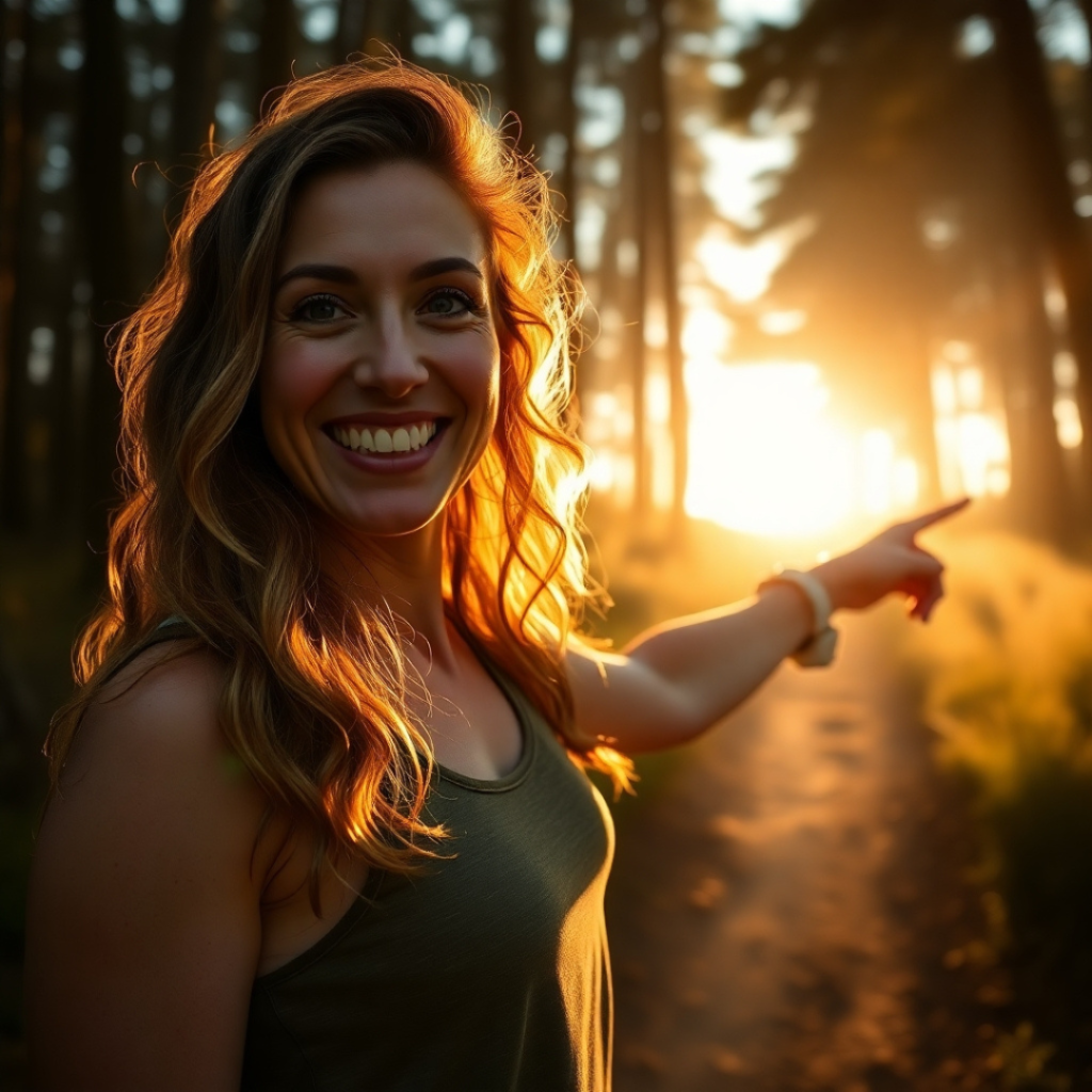 Cleo the Cleansing Guru standing at the end of a hiking trail, smiling as she encourages a journey toward better liver health.