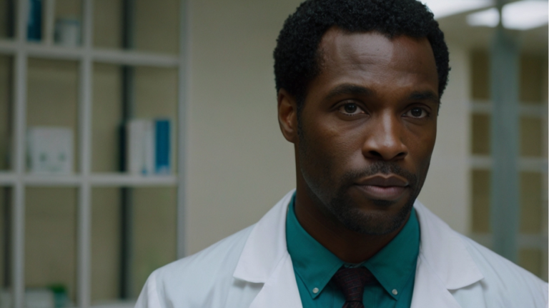 Tall Black male doctor standing confidently in a modern clinic with arms crossed, serious expression.