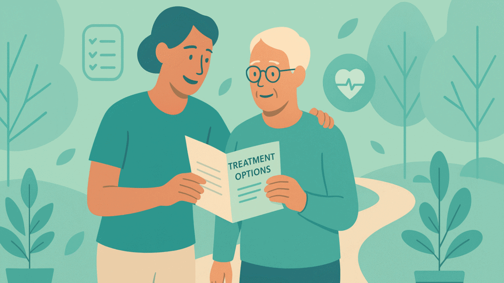 Caregiver and patient walking in a park while discussing liver cancer treatment options with hopeful body language