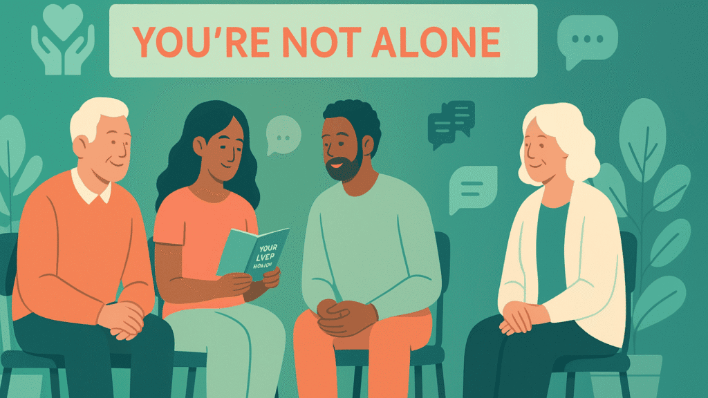 Support group of diverse people sitting in a circle sharing stories, with floating icons of chat bubbles and