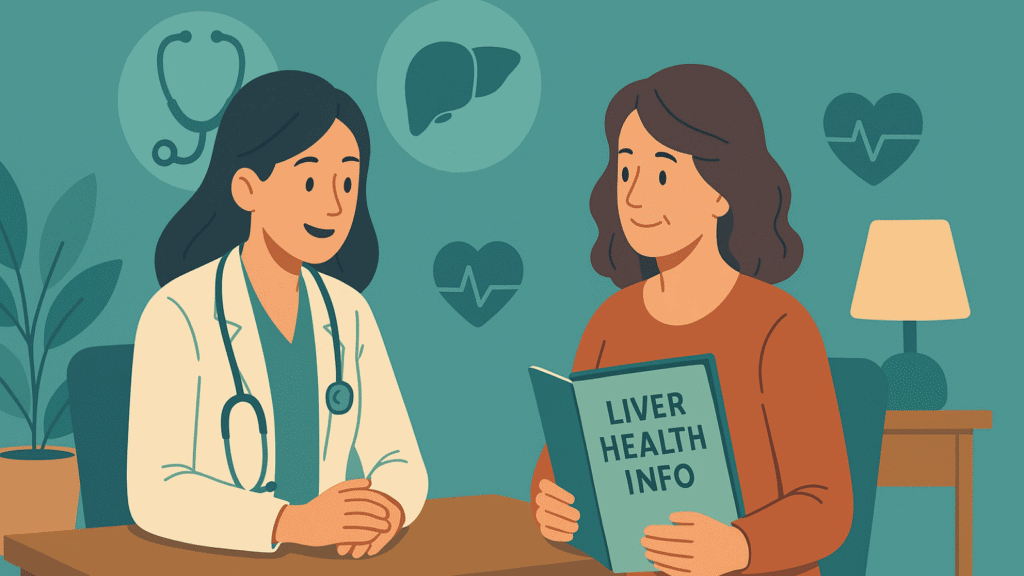 Flat illustration of a compassionate doctor talking to a woman holding a folder labeled “Liver Health Info” in a teal-toned consultation room