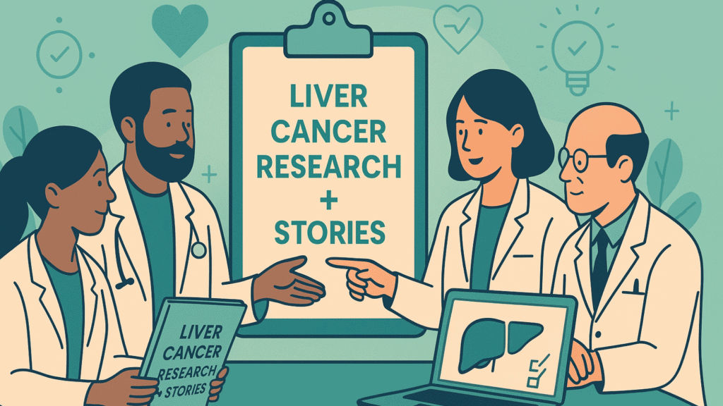 Flat illustration of two diverse doctors discussing “Liver Cancer Research + Stories” in a teal consultation room with medical icons.