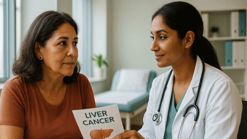 Middle-aged Latina woman smiling during liver cancer consultation with compassionate female doctor