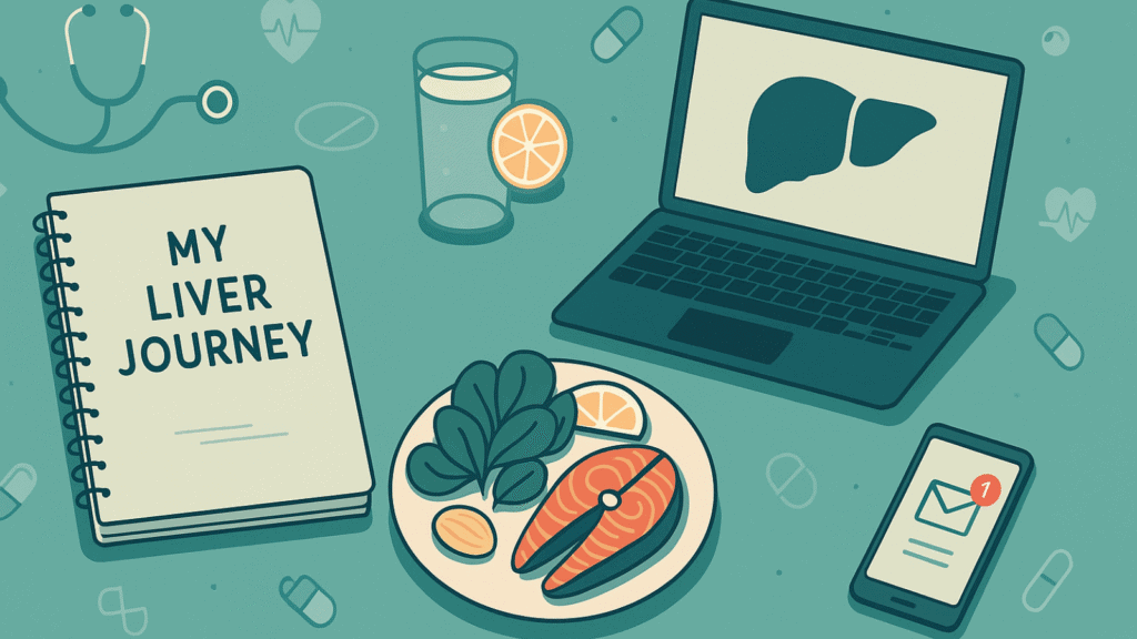 Flat-lay illustration of a liver health journal, healthy meal, laptop with liver diagram, and phone with message alert.