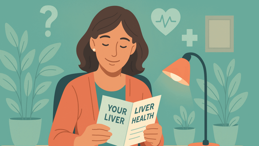 Illustration of a woman reading a “Your Liver Health” brochure at home, surrounded by calming health icons and indoor plants